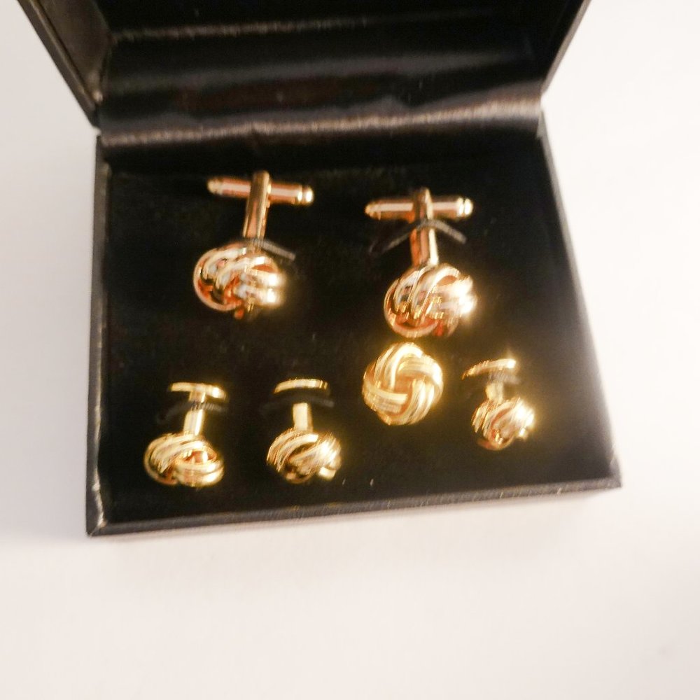 Gold Knotted Cufflinks Tuxedo Studs Formal Dress Set